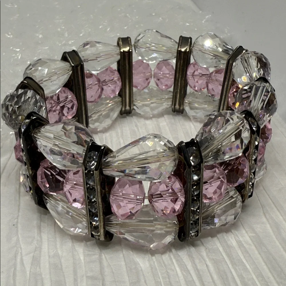 Beautiful Pink and Clear Crystal Stretch Bracelet rhinestone gun metal spacers